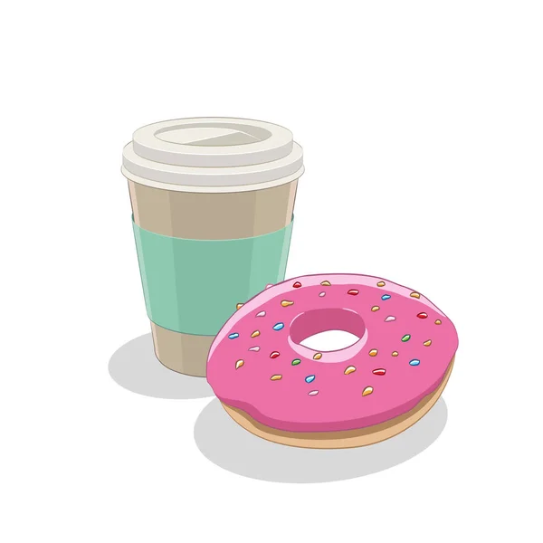 Morango Donut e Copo de Café Café Café da manhã Vector Illust — Vetor de Stock