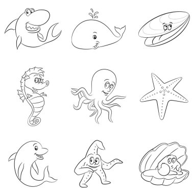 Siyah Çizgi Sanat Deniz Hayvanları Beyaz Arka Plan