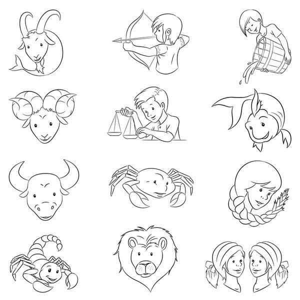 Black Line Art Zodiac Signs isolated on a White Background