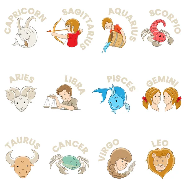 Signos del zodíaco de dibujos animados con contornos coloridos — Vector de stock