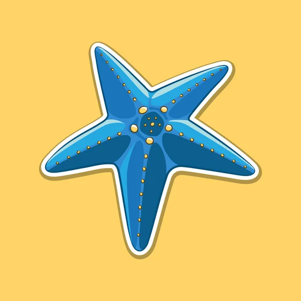 Sticker of Blue Starfish Cartoon on a Yellow Background — Stock Vector