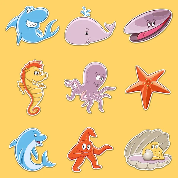 Stickers of Cartoon Sea Animals — Stock Vector