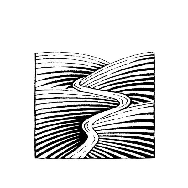 Inkt schets van heuvels en rivier — Stockfoto
