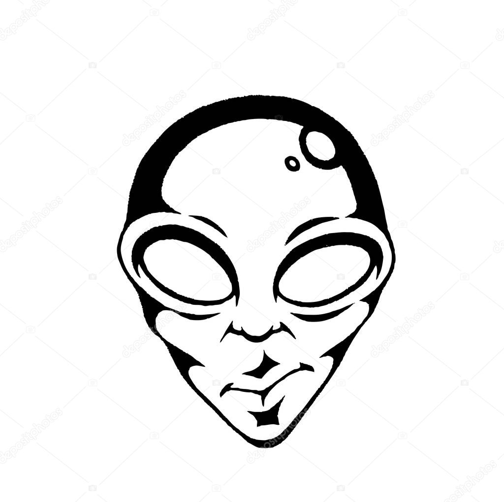 Illustration of a Scratchboard Style Ink Drawing of an Alien Face