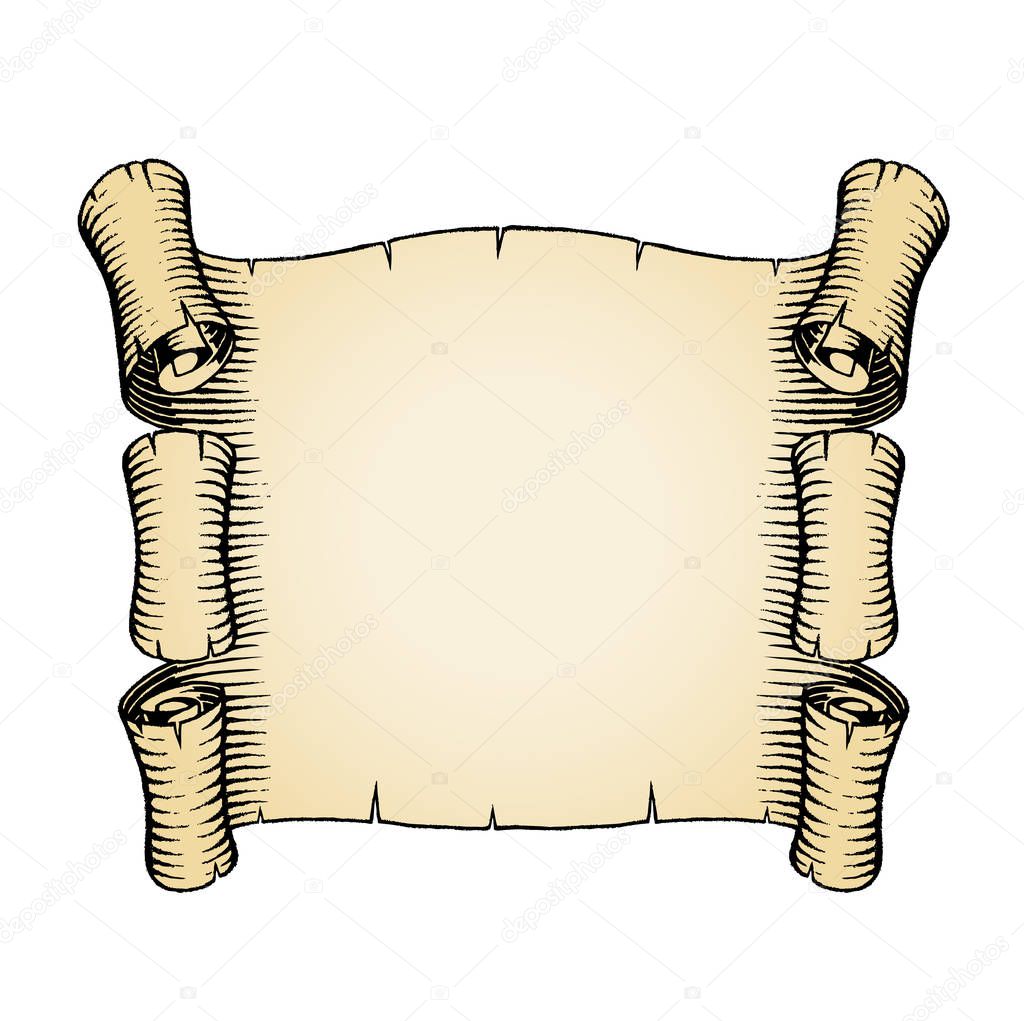 Illustration of a Scratchboard Style Ink Drawing of an Old Banner with Beige Fill