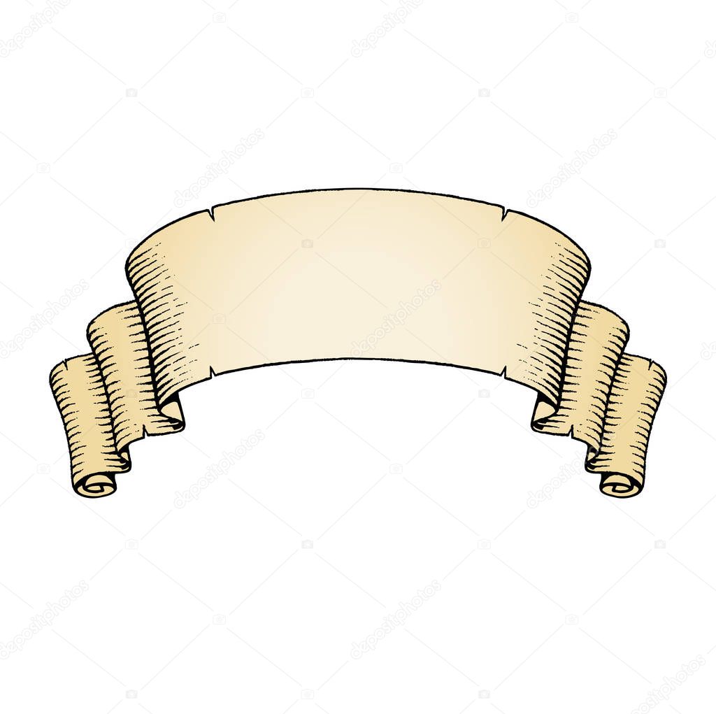 Illustration of a Scratchboard Style Ink Drawing of an Old Banner with Beige Fill