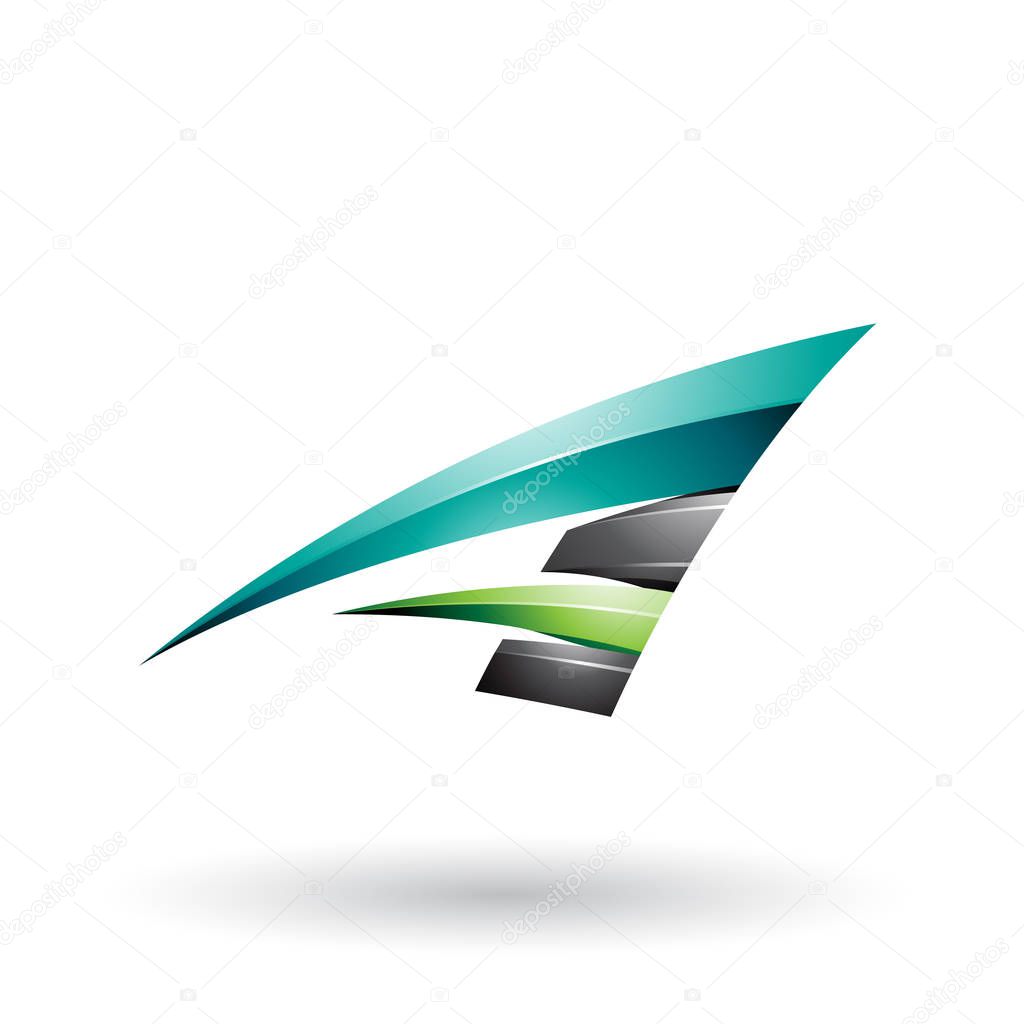 Illustration of Black and Green Dynamic Glossy Flying Letter A isolated on a White Background