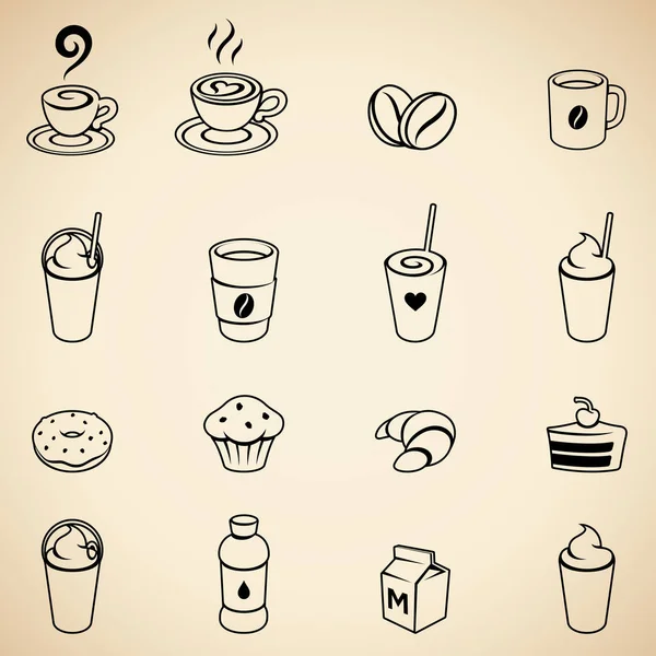 Black Coffee and Breakfast Icons on a Beige Background Illustrat — Stock Photo, Image