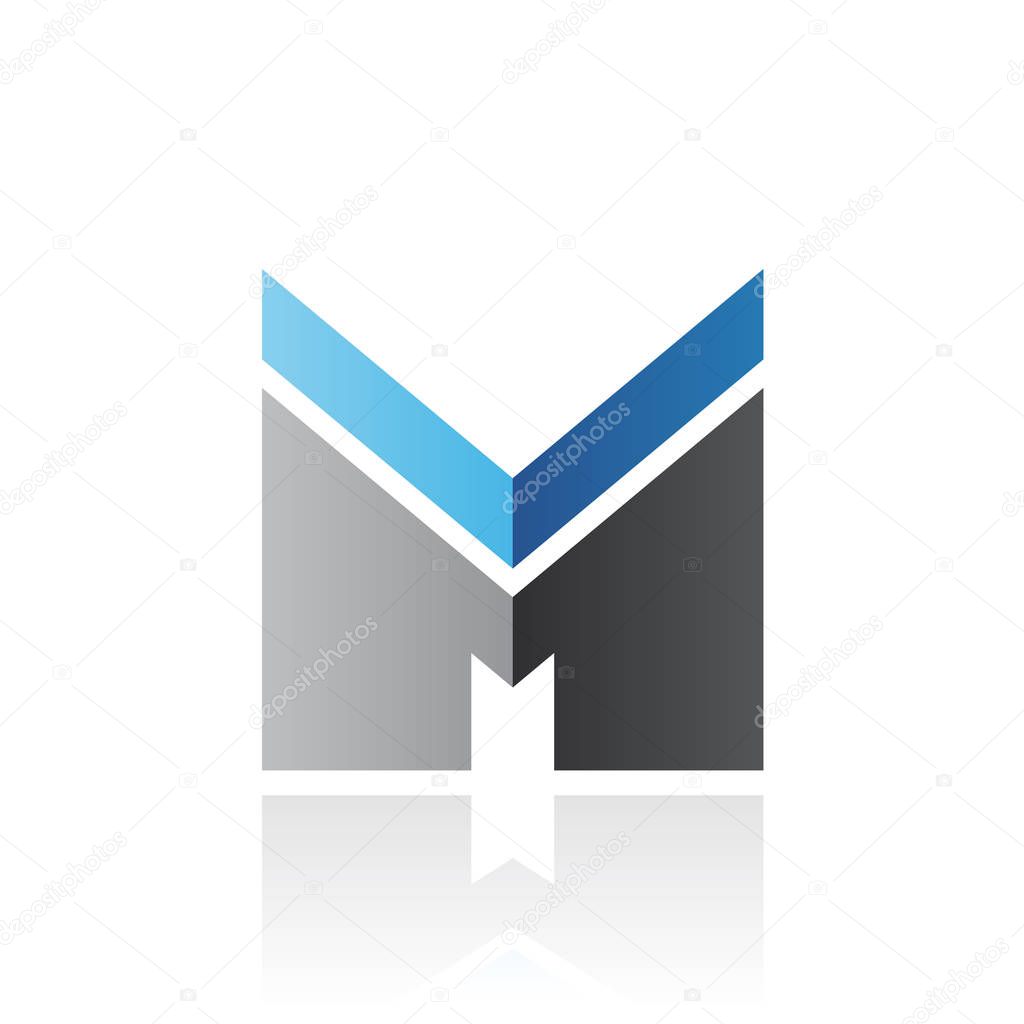Illustration of Blue and Black Letter M with a Thick Stripe and Reflection isolated on a White Background