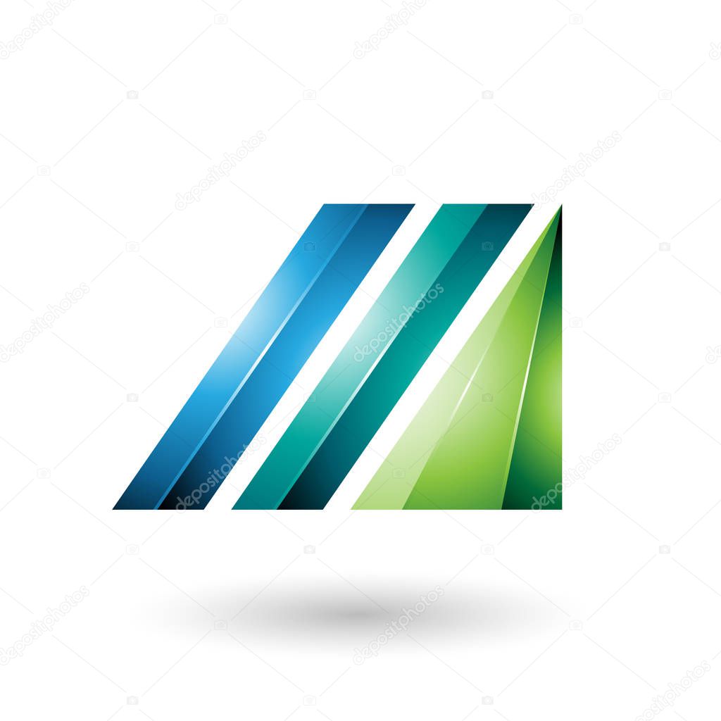 Illustration of Blue and Green Letter M of Glossy Diagonal Bars