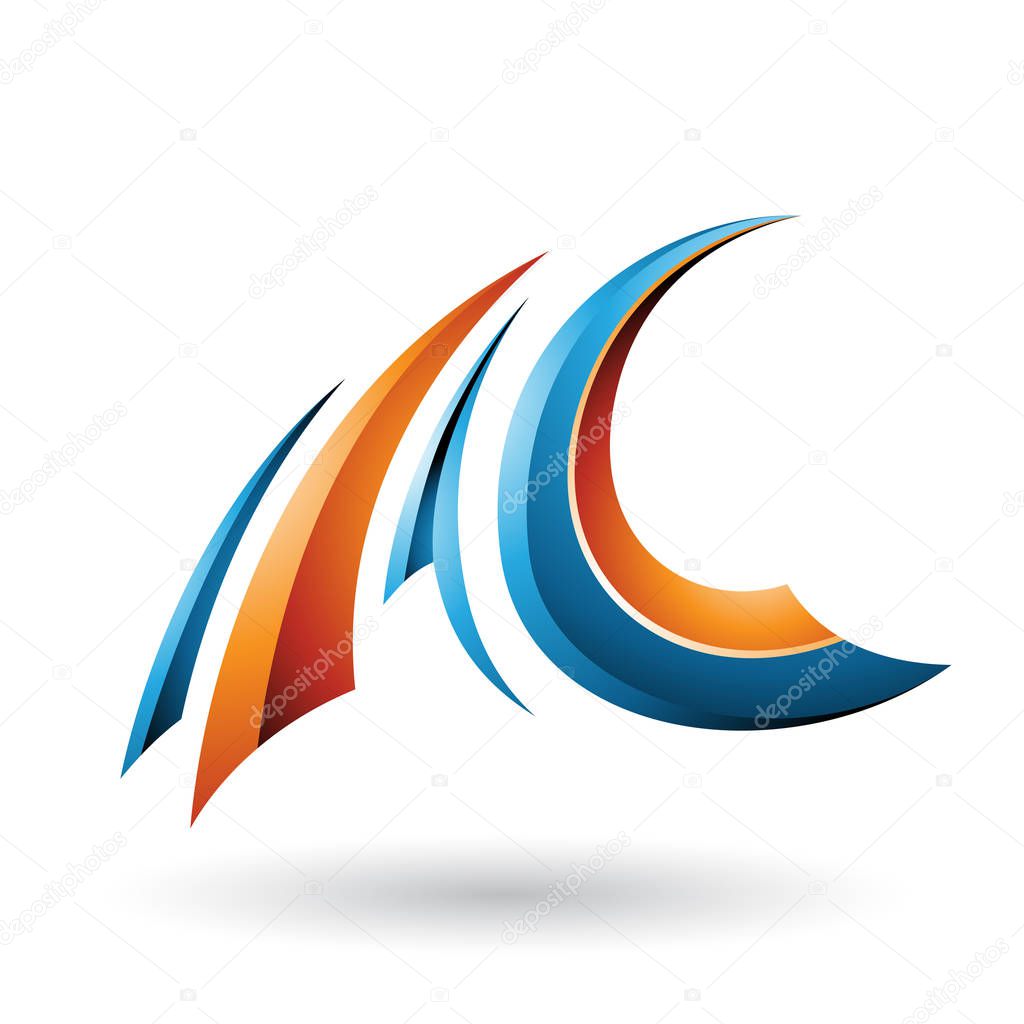 Illustration of Blue and Orange Glossy Flying Letter A and C isolated on a White Background
