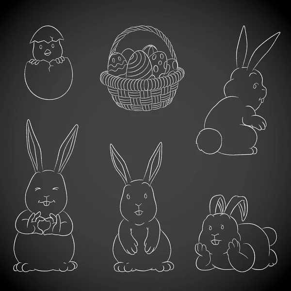 Chalkboard Vector Desenhos de Coelhos de Páscoa Cesta de ovos e Chi — Fotografia de Stock