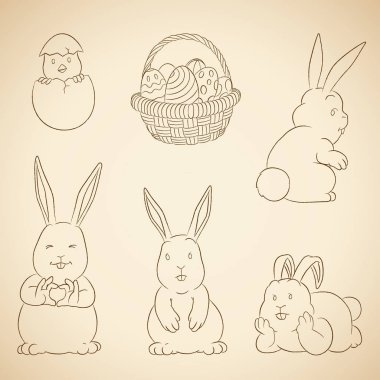 Paskalya Bunnies Yumurta Sepeti ve Civciv Kömür Vektör Çizimleri