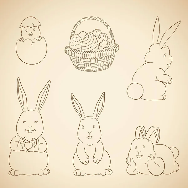 Kol vektor ritningar av påsk kaniner ägg korg och chick — Stockfoto