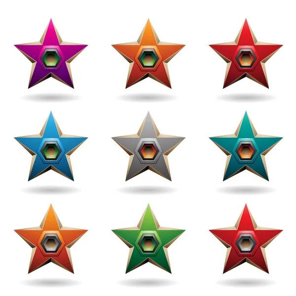 Estrelas coloridas em relevo com alto-falantes em forma de hexágono Illustr — Fotografia de Stock