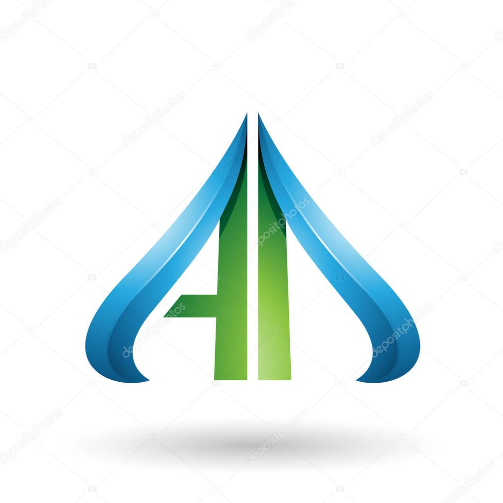 Illustration of Green and Blue Embossed Arrow-like Letters A and D isolated on a White Background