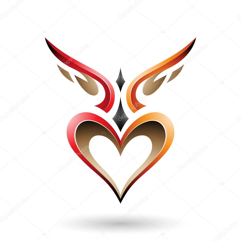 Illustration of  Red and Orange Bird Like Winged Heart with a Shadow isolated on a white background