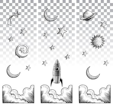Scratchboard stil mürekkep çizimleri gökyüzü elemanları