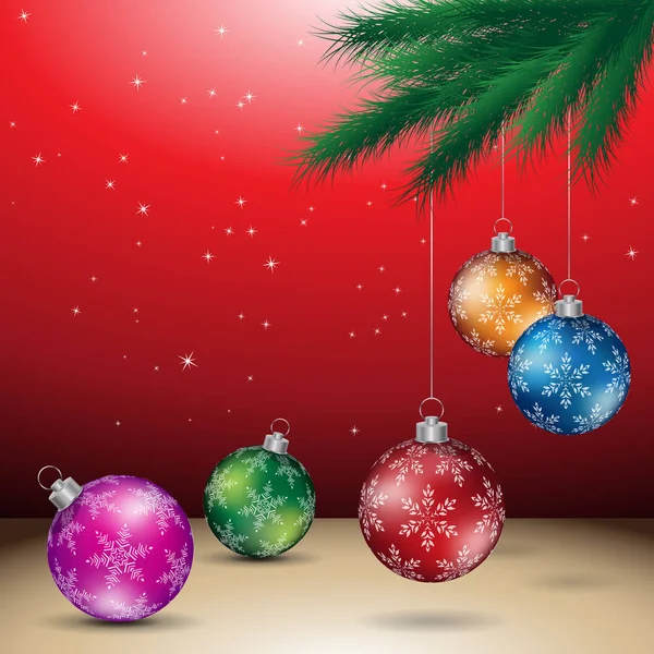 Fondo rojo de Navidad con brillantes bolas de colores Ilustración —  Fotos de Stock