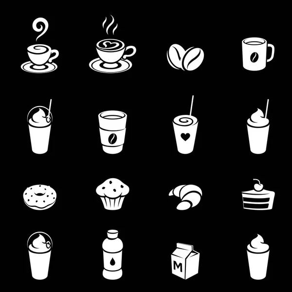 Weißer Kaffee und Frühstück Symbole auf schwarzem Hintergrund illustrieren — Stockfoto