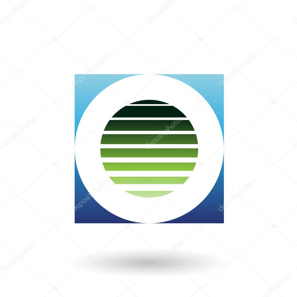 Illustration of a Striped Square Blue and Green Icon for Letter O isolated on a White Background