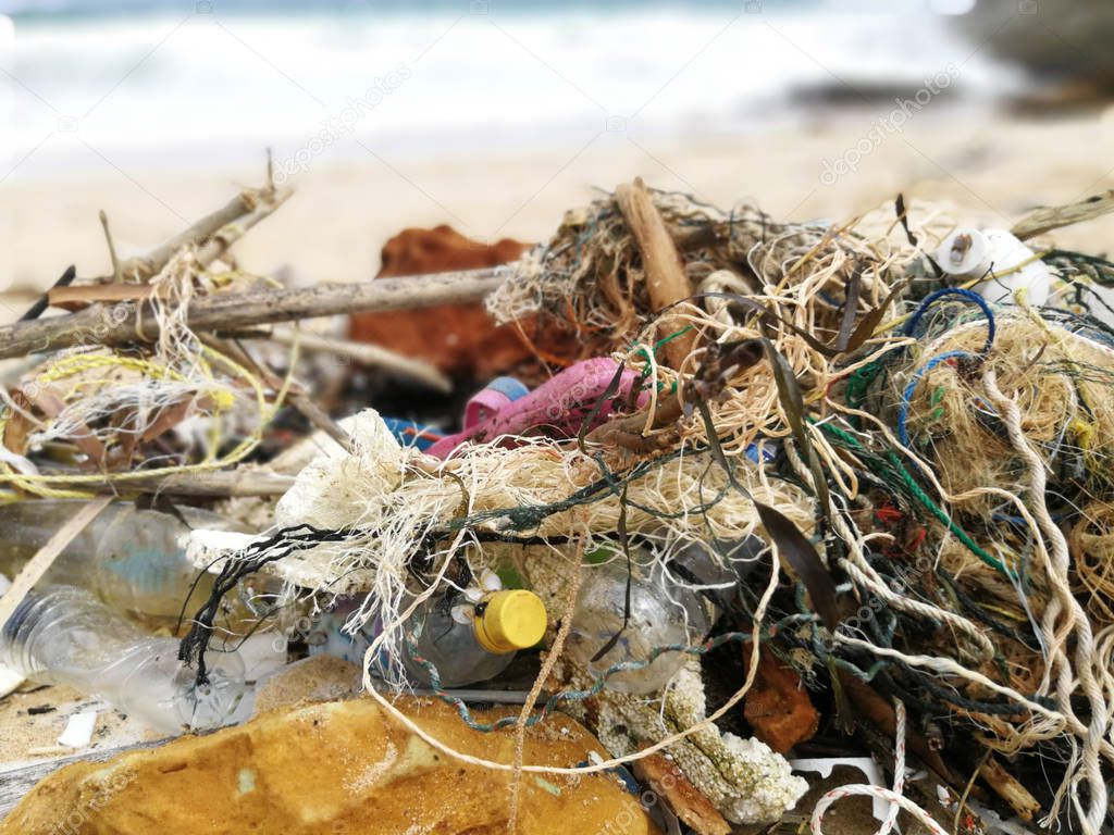 Pollutions and garbages on the beach ,Plastic waste in the sea