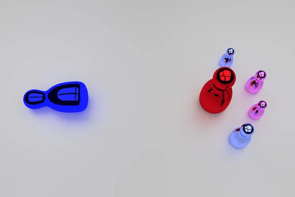küçük bir aile beyaz, parlak bir yüzeye duran parlak isimlerinden 3D render