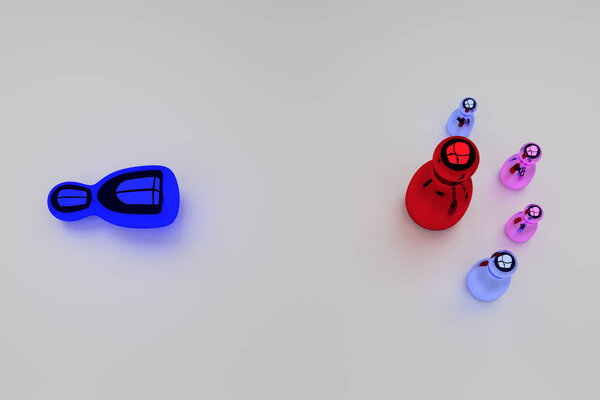 3D rendering of a little family of shiny figures standing on a white, glossy surface