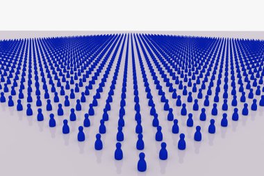 3D render, beyaz, parlak bir yüzeye duran birçok mavi şekiller