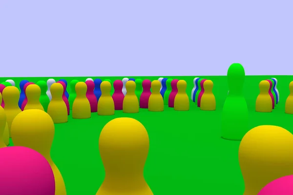 3D rendering of many figures of different color in circular arrangement