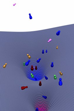ücretsiz, parlak rakamlar (organları döndürme) küboidlerdeki kare bir kaide ile yüzlerce oluşan bir huni şeklindeki manzara üzerinde düşen 3d çizim