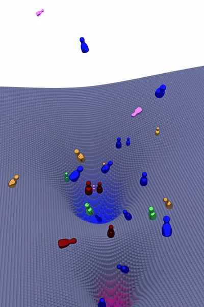ücretsiz, parlak rakamlar (organları döndürme) küboidlerdeki kare bir kaide ile yüzlerce oluşan bir huni şeklindeki manzara üzerinde düşen 3d çizim