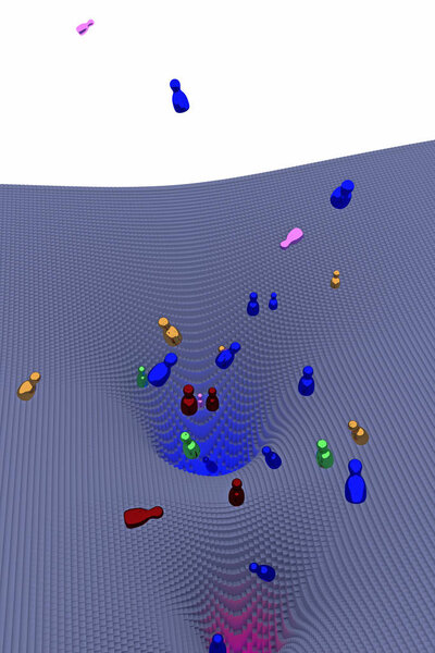 3d illustration of free falling, glossy figures (rotating bodies) over a funnel-shaped landscape consisting of hundreds of cuboids with a square base