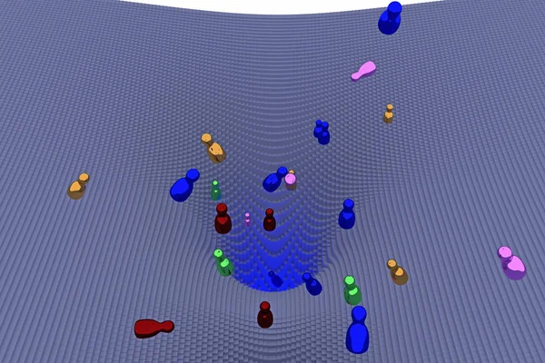 3d illustration of free falling, glossy figures (rotating bodies) over a funnel-shaped landscape consisting of hundreds of cuboids with a square base