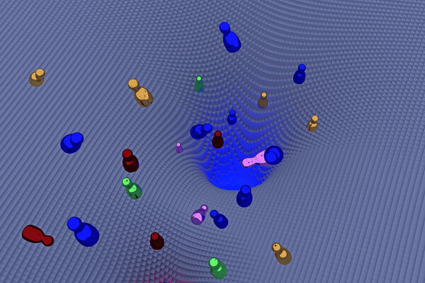 3d illustration of free falling, glossy figures (rotating bodies) over a funnel-shaped landscape consisting of hundreds of cuboids with a square base