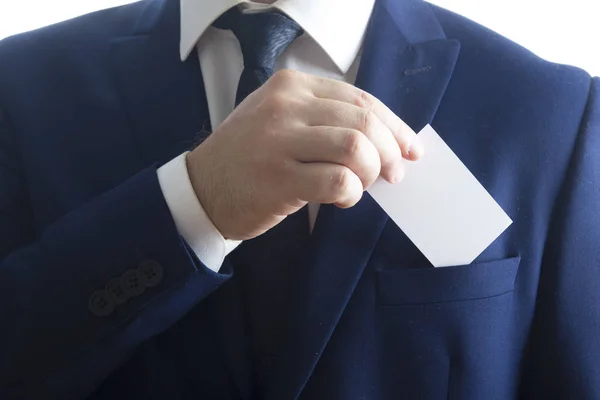 Hand holding white business card on white background — Stock Photo, Image