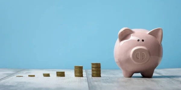 Piggy Bank izolowane na niebieskim tle. Koncepcja oszczędności — Zdjęcie stockowe