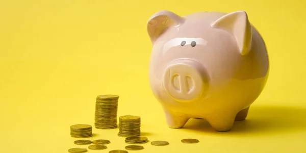 Piggy bank isolated on yellow background. Savings concept