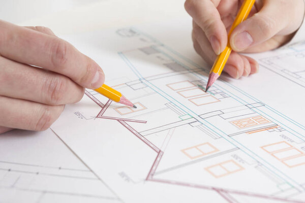 Architects working on blueprint, real estate project. Architect workplace. Construction concept. Engineering tools.
