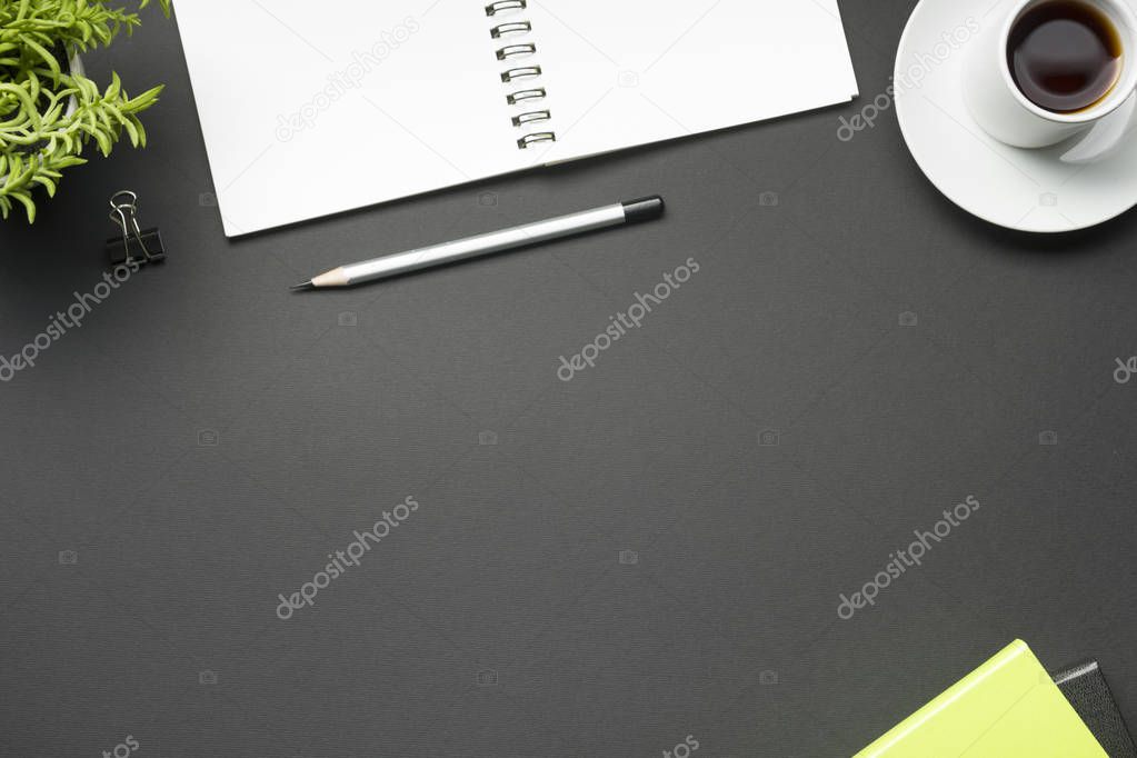 Office desk table with supplies. Flat lay Business workplace and objects. Top view. Copy space for text
