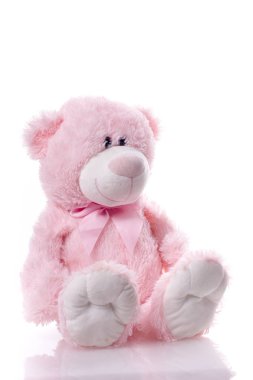 Beyaz arka planda izole lovely sevimli pembe oyuncak ayı.
