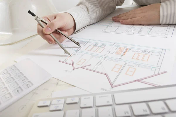 Architects working on blueprint, real estate project. Architect workplace. Construction concept. Engineering tools. — Stock Photo, Image