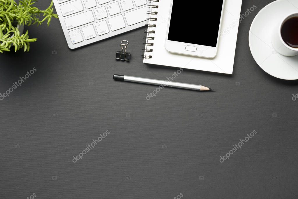 Office desk table with supplies. Flat lay Business workplace and objects. Top view. Copy space for text