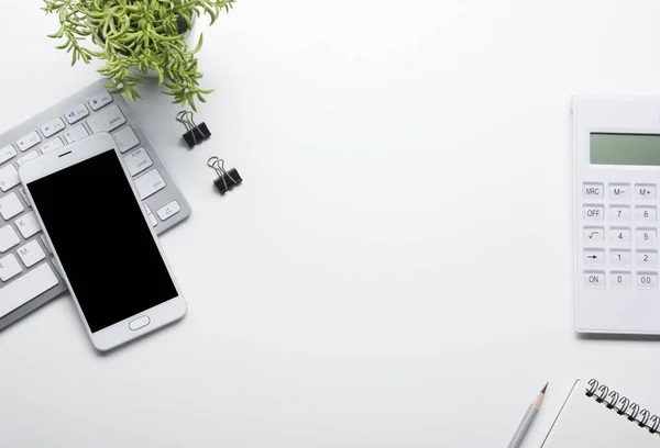 Office desk table with supplies. Flat lay Business workplace and objects. Top view. Copy space for text