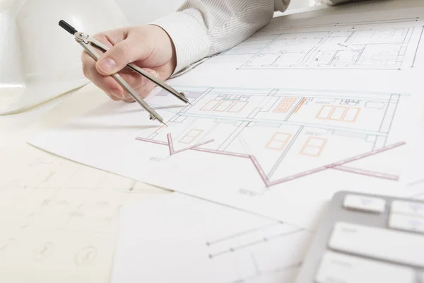 Architects working on blueprint, real estate project. Architect workplace. Construction concept. Engineering tools. — Stock Photo, Image