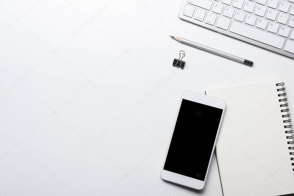 Office desk table with supplies. Flat lay Business workplace and objects. Top view. Copy space for text