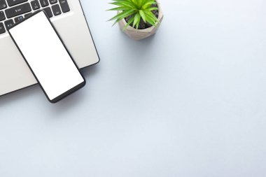 Dizüstü bilgisayarı, akıllı telefonu ve bir fincan kahveli diğer iş malzemeleri olan mavi masa ofisi. Metni kopyalamak için üst görünümü kullan. Desenci çalışma alanı düz masa üzerinde temel elementler yatıyordu