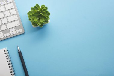 Dizüstü bilgisayarı, akıllı telefonu ve bir fincan kahveli diğer iş malzemeleri olan mavi masa ofisi. Metni kopyalamak için üst görünümü kullan. Desenci çalışma alanı düz masa üzerinde temel elementler yatıyordu