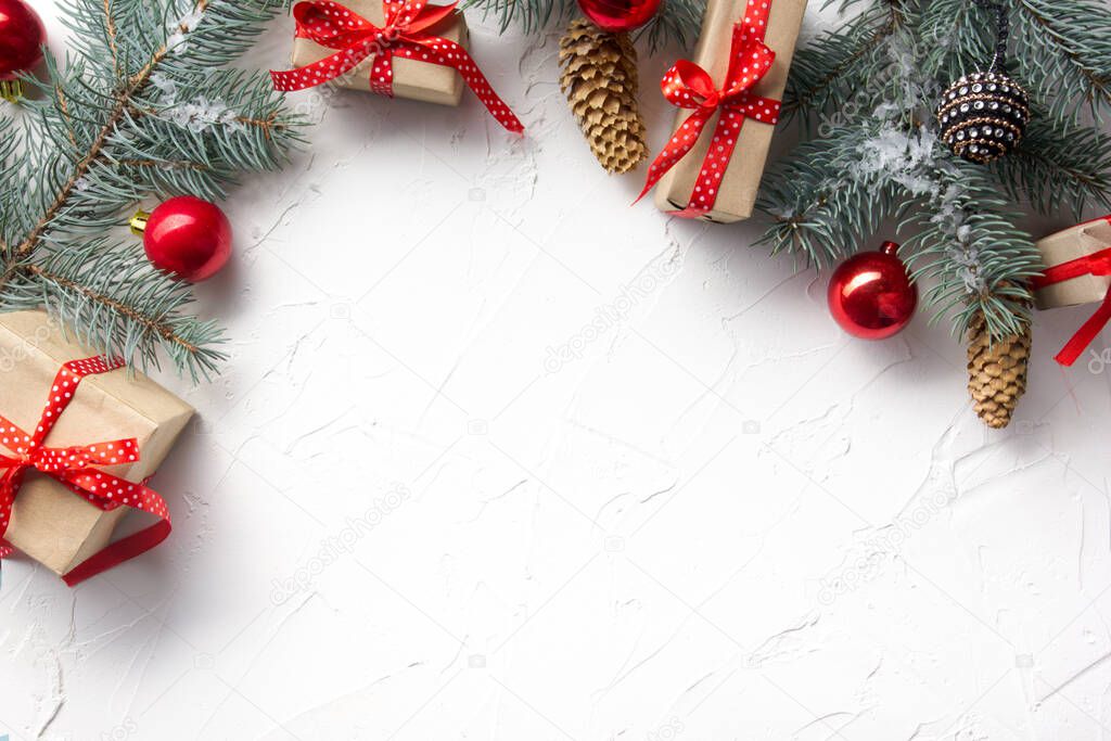 Christmas decoration background. Christmas tree and holidays ornament. Copy space