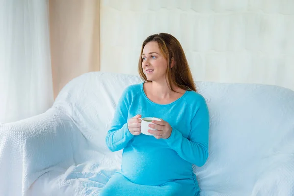 Szczęśliwa Młoda Kobieta Ciąży Korzystających Herbaty Ziołowe Kanapie Naturalny Środek — Zdjęcie stockowe